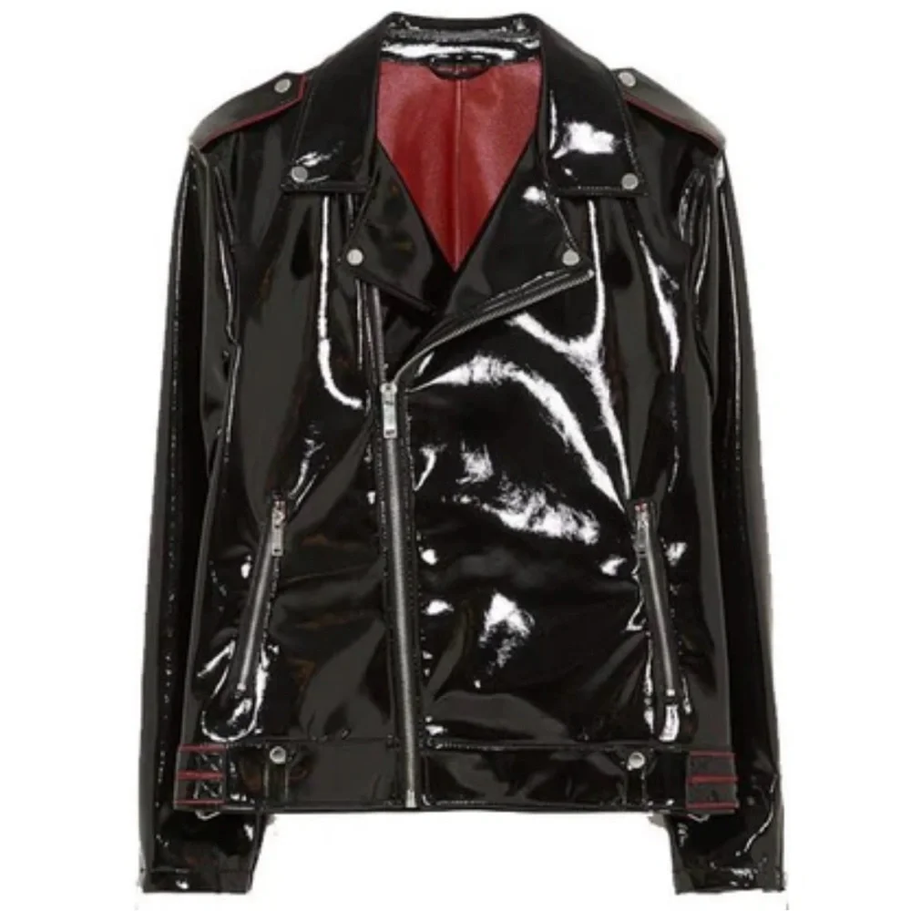 Mens Zara Black Patent Leather Jacket with Red Accents - Size small